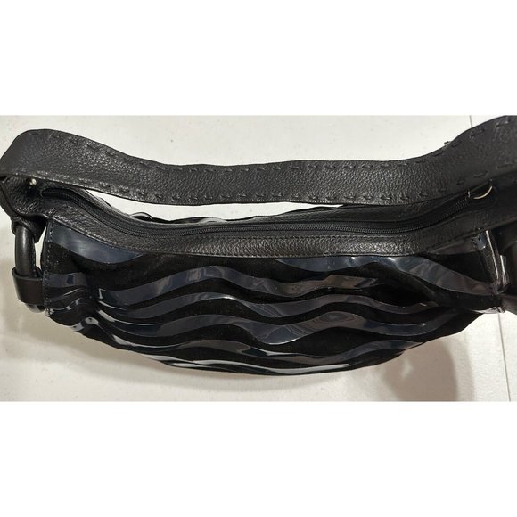 Sondra Roberts Black Wavy Faux Suede Leather Shoulder Bag Purse Designer Handbag - Picture 4 of 8